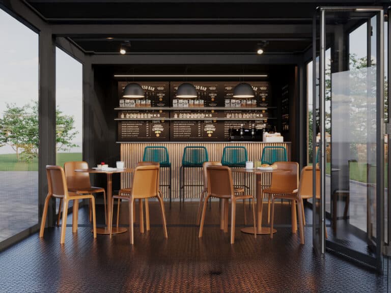 Interior of a Good Modular Structure turned into a small coffee shop.