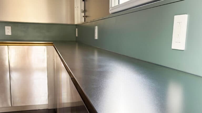 Close up steel countertops inside concession trailer