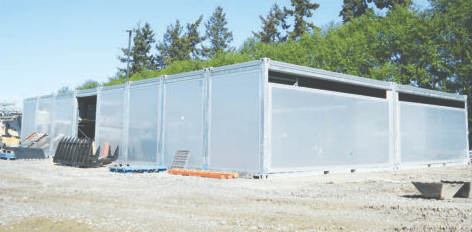 Side view of multiple Good Modular Structures linked into a single warehouse.
