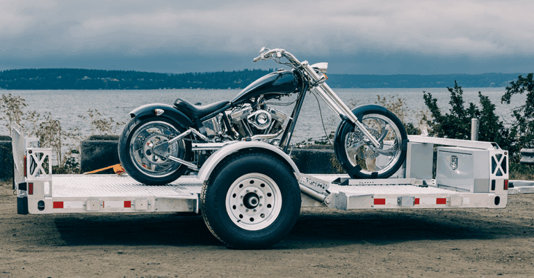 GoodMFG Motorcycle Trailer with rig on trailer