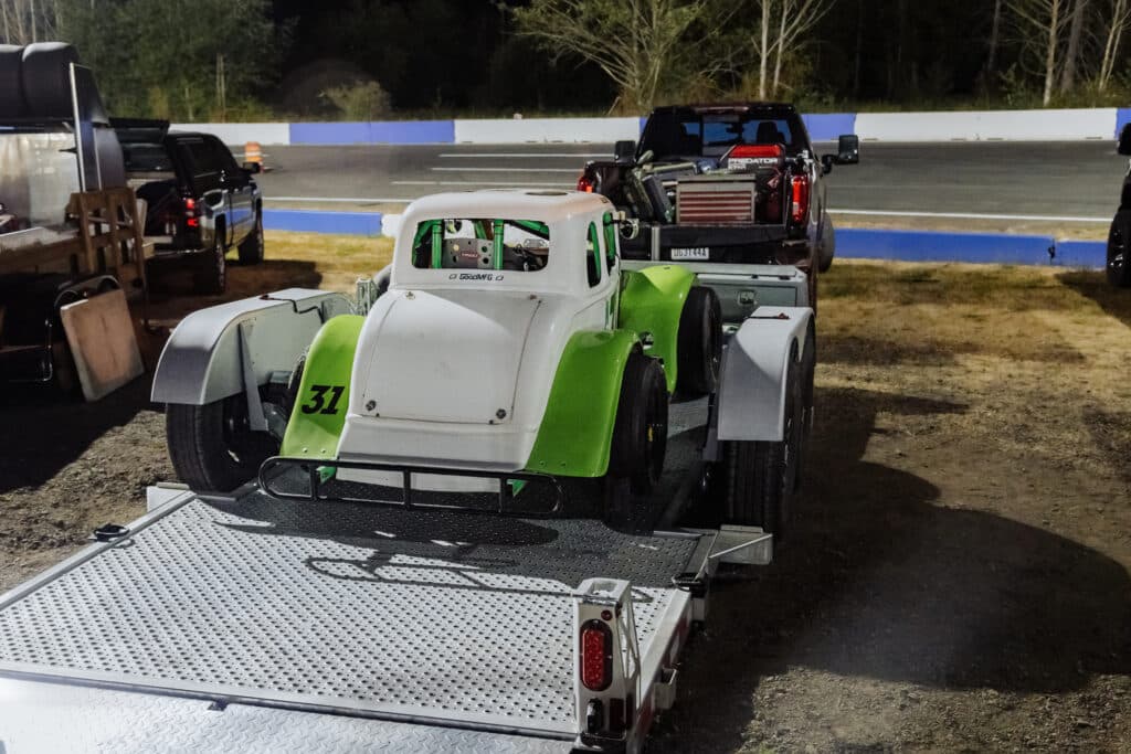 19 foot GoodMFG Trailer hauling a legends mini racecar.