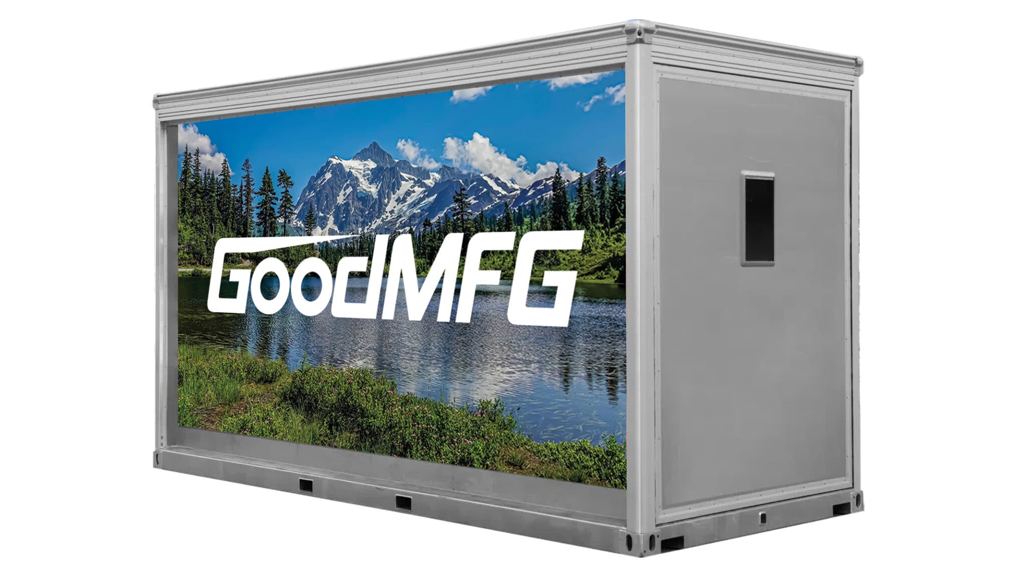 GM13LED 13' modular structure with built in LED screens, lake and mountain background on screens.