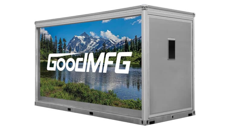 GM13LED 13' modular structure with built in LED screens, lake and mountain background on screens.