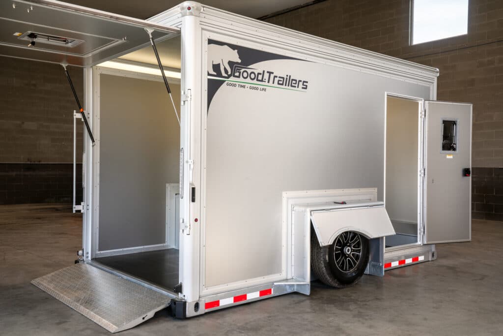 19' cargo trailer at ground level, all panels open.