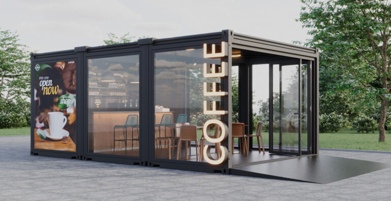 Exterior view, Good Modular Structure transformed into a small coffee shop.