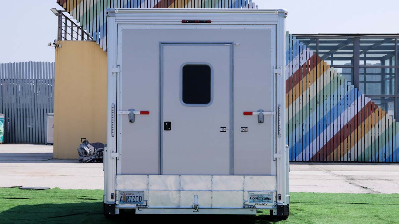 Man door on back panel of cargo trailer