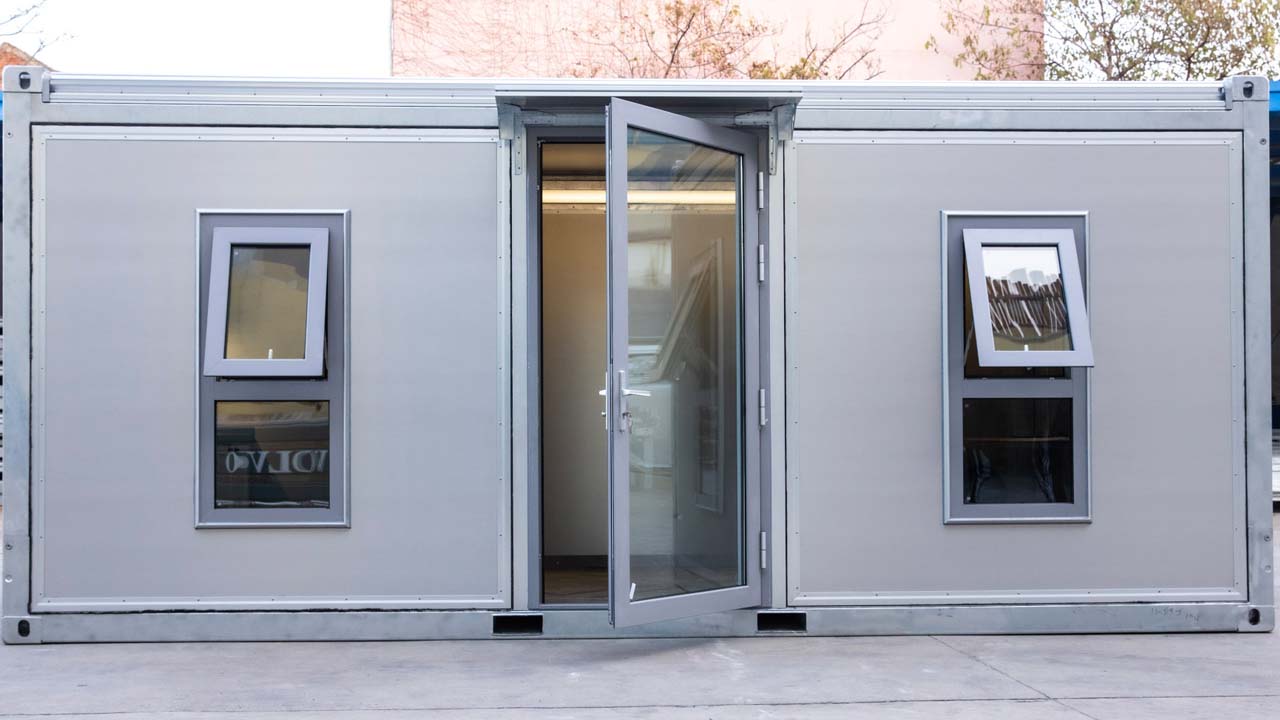 Glass center door on modular structure