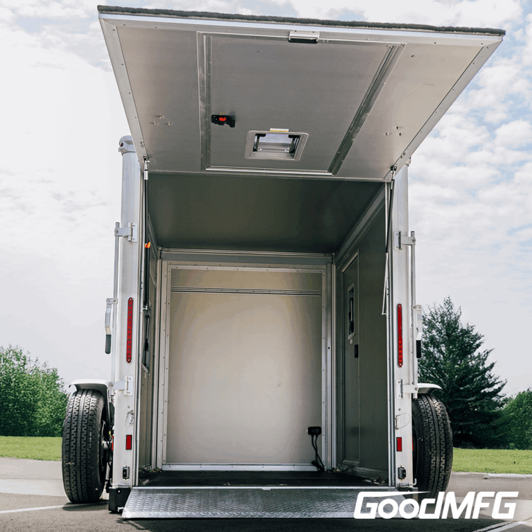 Trailer, back view, open, ground level loading