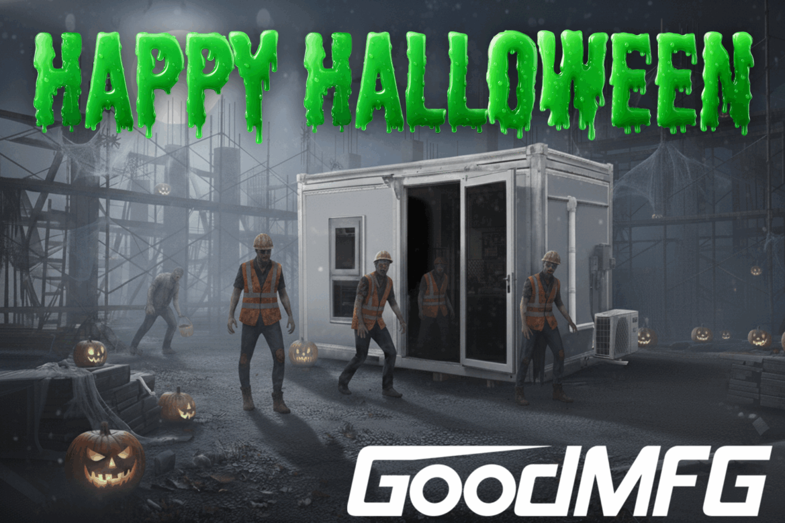 Zombie construction workers surrounding a Good Modular Structure.