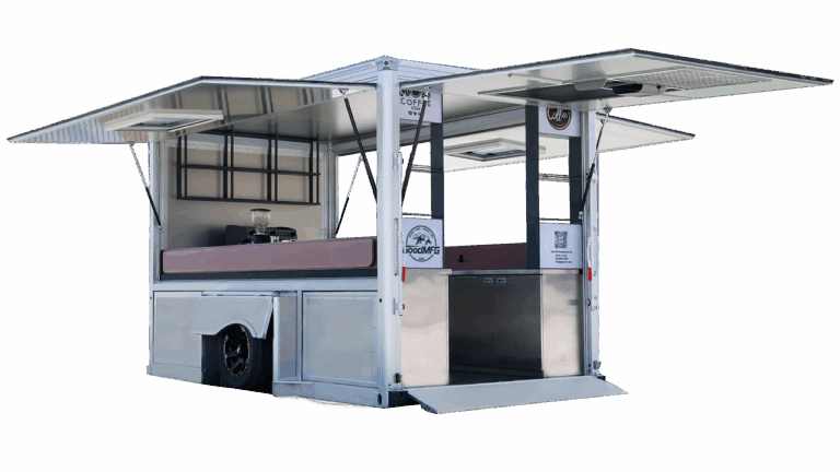 GT13AL-C 13' concession trailer with GoodMFG logo, all lift panels open.