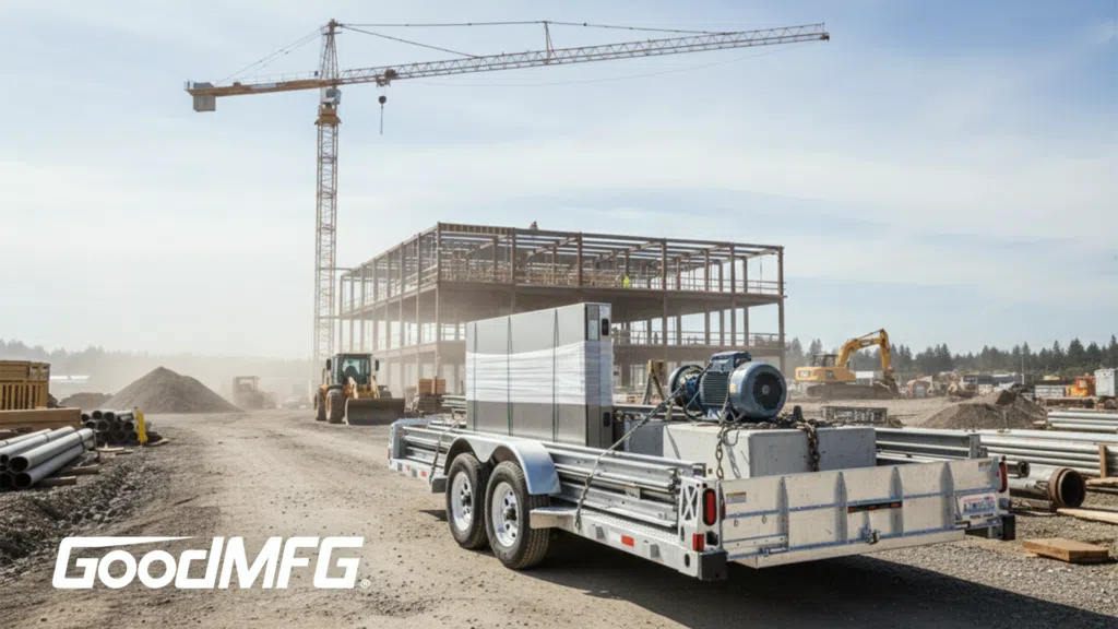 Elevator components on a flatbed